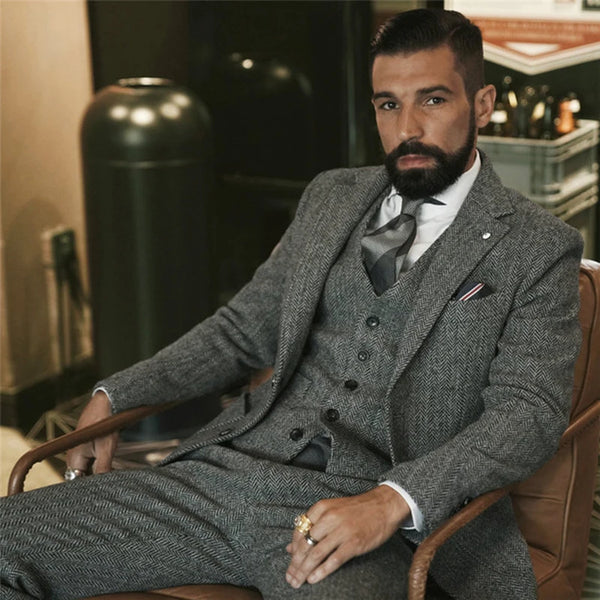 Elegant Herringbone Wool Tweed 3-Piece Slim Fit Suit for Men - Perfect for Weddings and Formal Events